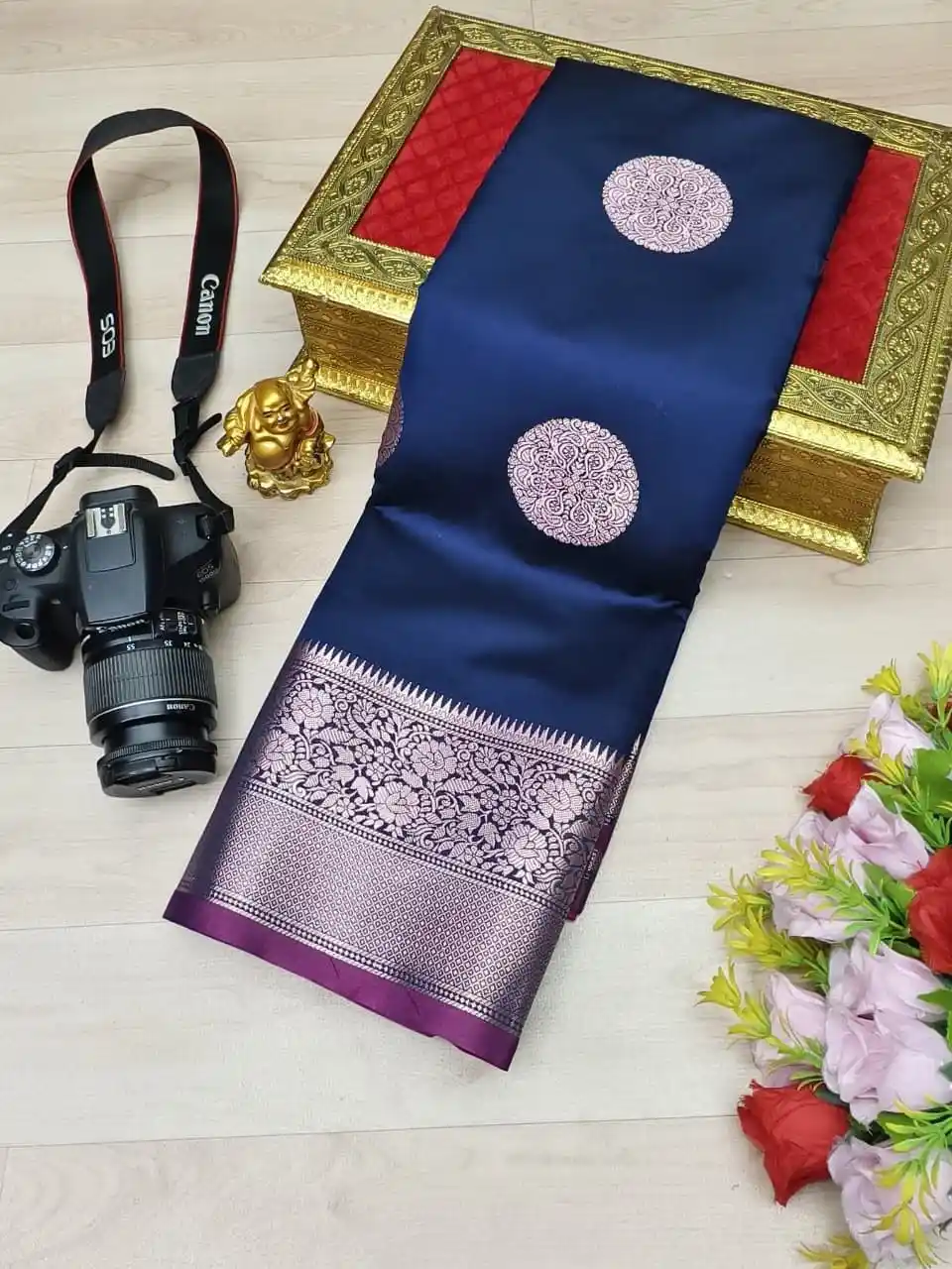 Rich Navy Blue Silver Zari Fusion Soft Silk Saree